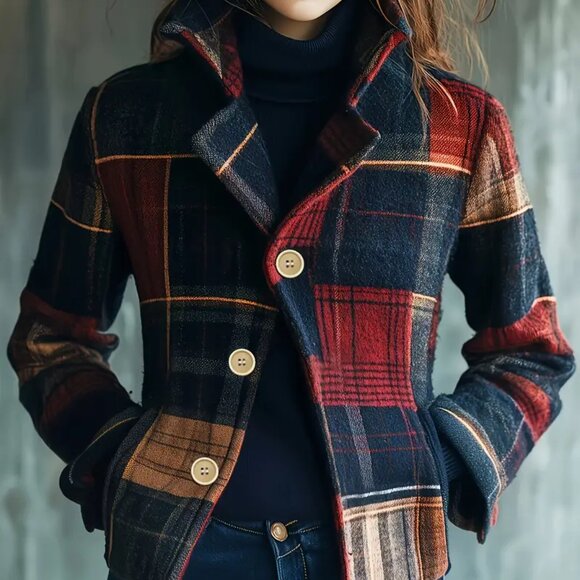 Plaid Fall/Winter Buttoned Light Retro/Vintage Style Jacket - Picture 1 of 3